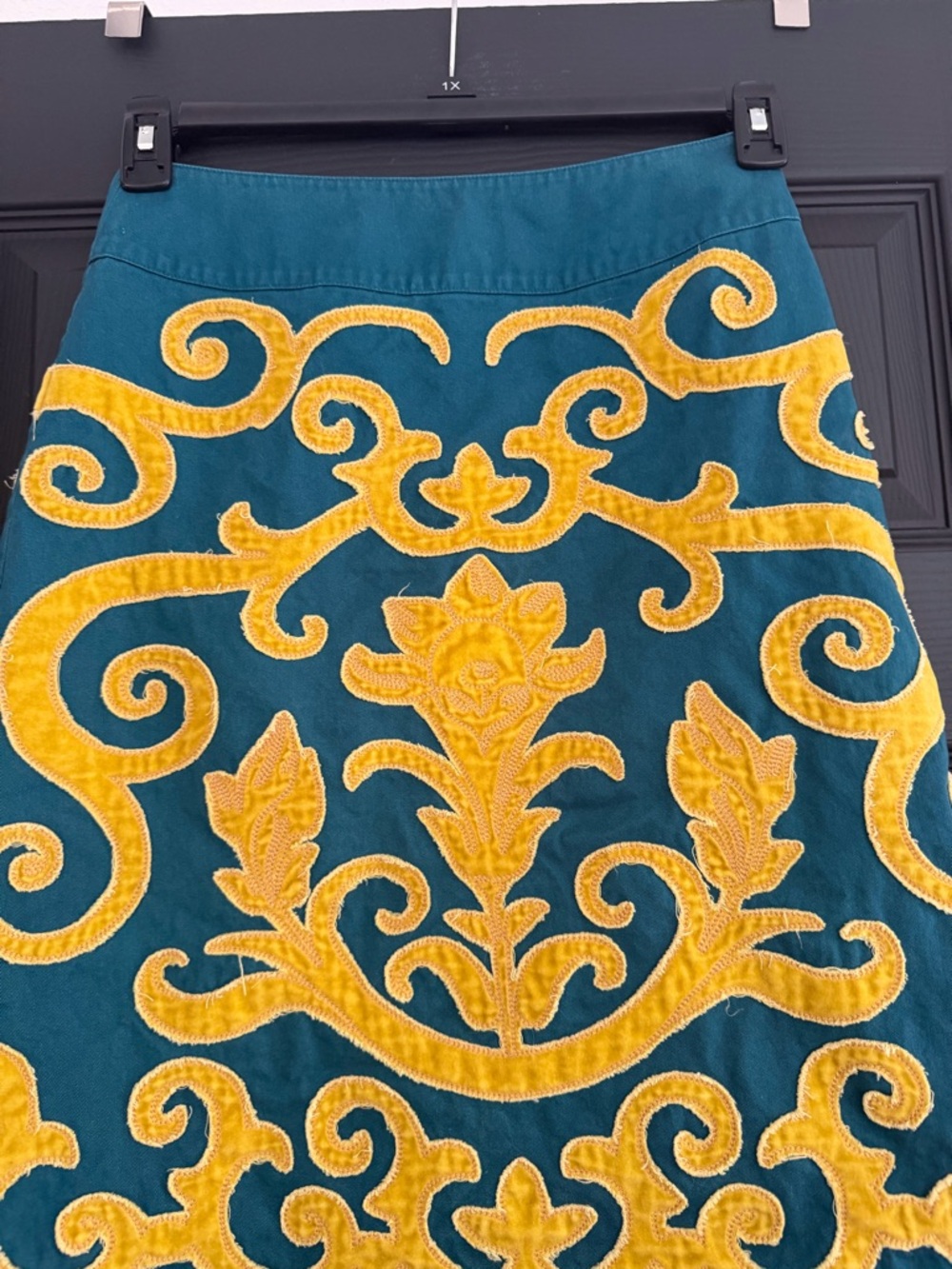 Boden Teal A-Line Skirt with Yellow Embroidered Motif - Picture 2 of 8